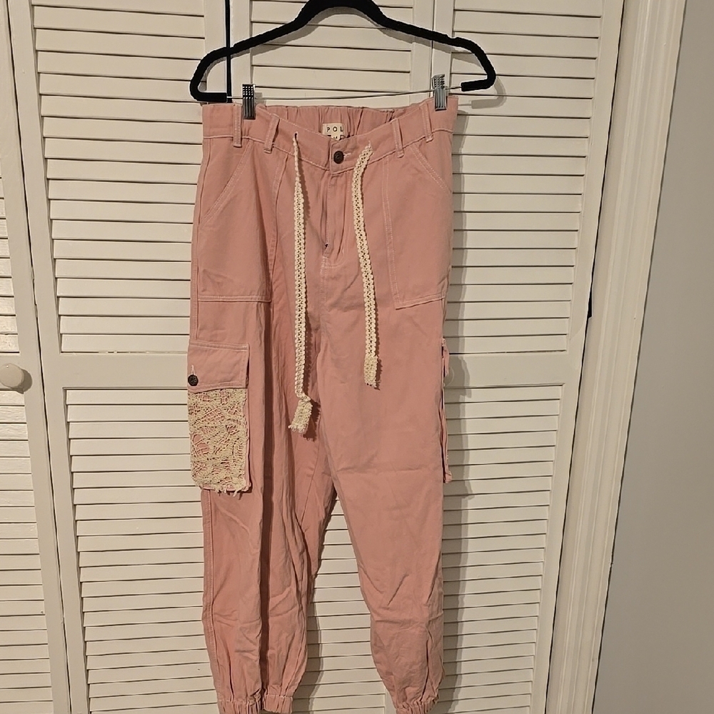 POL Boho Crochet Patch Lounge Pants Dusty Pink M NWOT